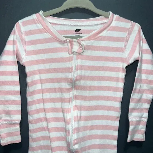 Monica + Andy Organic Footless Pajamas Girls 12-18m Zip Up Pink White Striped - Picture 2 of 5